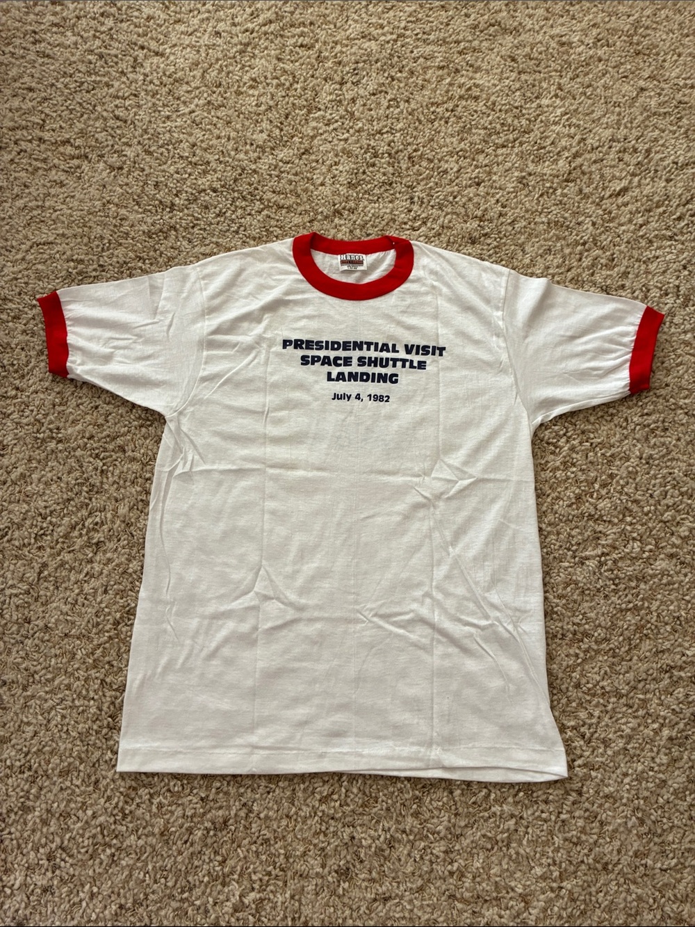 Vintage Presidential Visit Space Shuttle Landing White & Red Ringer Tee